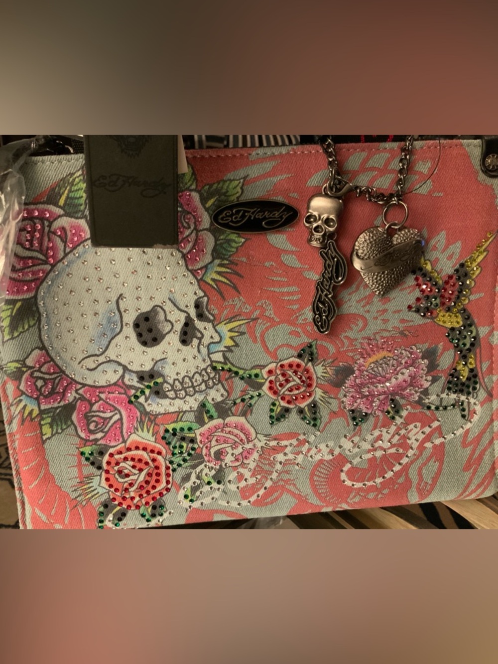 Ed Hardy Tattoo Rose & Skull Denim Rhinestone Purse NWT - Picture 6 of 13